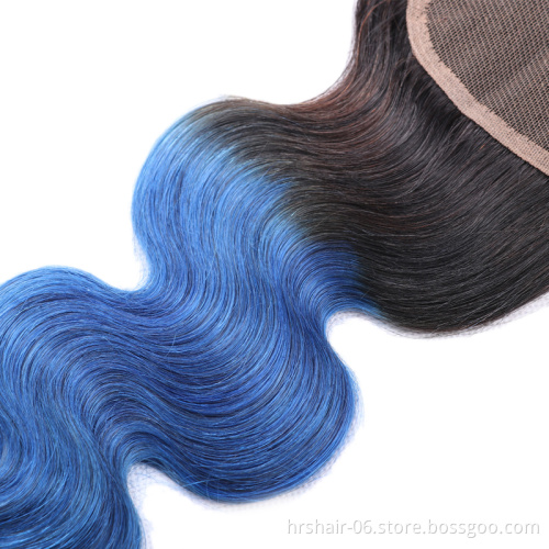 Ombre Colored Indian Hair Body Wave  4x4 Lace Frontal Closure, 100% Human Virgin Hair Closure 1b/blue Swiss Lace